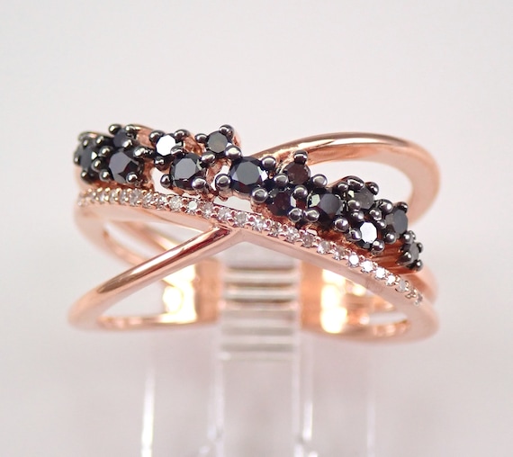 Rose Gold Black Diamond Ring, Crossover Multi Row Anniversary Band, Unique Dainty Fine Jewelry Gift