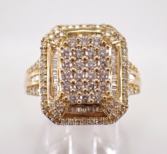 Yellow Gold Diamond Cluster Ring - Large Rectangular Halo Cocktail Band, Unique Anniversary Fine Jewelry Gift