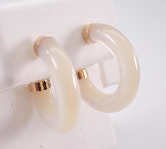 14K Yellow Gold Mother of Pearl Earrings - Unique Gemstone Huggie Hoops - GalaxyGems Fine Jewelry Gift