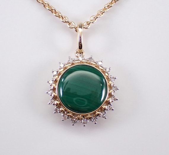 Malachite and Diamond Necklace - Yellow Gold Halo Charm Pendant - Green Gemstone Fine Jewelry Choker Chain