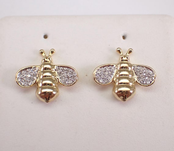 Yellow Gold Diamond Bee Stud Earrings - Dainty Petite Screwback Studs - Birthday Graduation Gift for Daughter