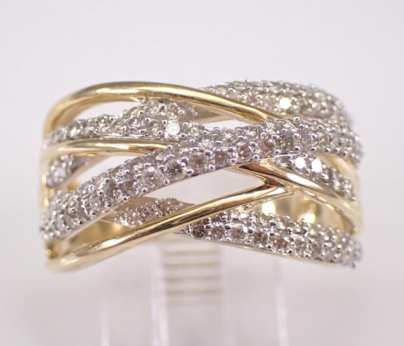 Yellow Gold Diamond Anniversary Ring, Multi Row Crossover Wedding Band