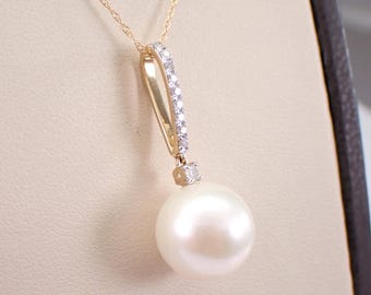 14K Yellow Gold Diamond and Pearl Pendant, Unique Gemstone Charm Necklace, June Birthstone Fine Jewelry Gift