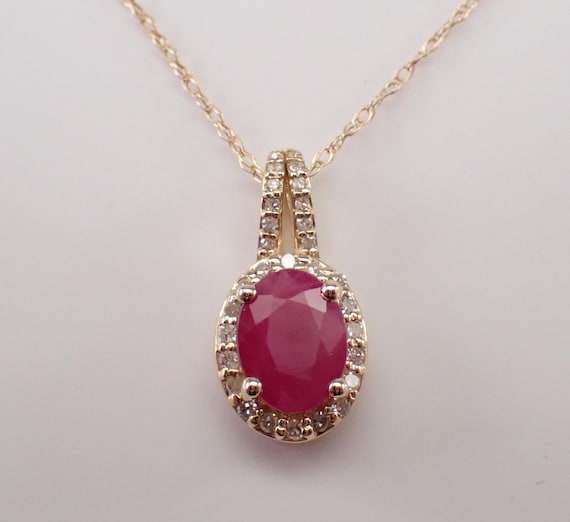 Ruby and Diamond Halo Pendant and Chain - Yellow Gold Gemstone Charm Necklace - July Birthstone Fine Jewelry Gift