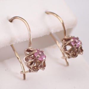 Antique Sterling Silver Gold Plated Earrings - Victorian Pink Gemstone Drops - Unique Buttercup Kidney Wire Clasp