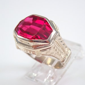 Vintage Pink Gemstone Solitaire Ring - Antique 14k White Gold Gem Stone Band - 1940s Red Ruby Fine Jewelry Gift