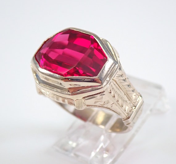 Vintage Pink Gemstone Solitaire Ring - Antique 14k White Gold Gem Stone Band - 1940s Red Ruby Fine Jewelry Gift
