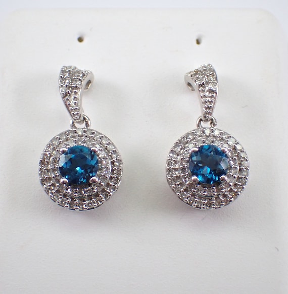 London Blue Topaz and Diamond Earrings - White Gold Double Halo Dangle Drops - Dainty Gemstone Fine Jewelry Gift