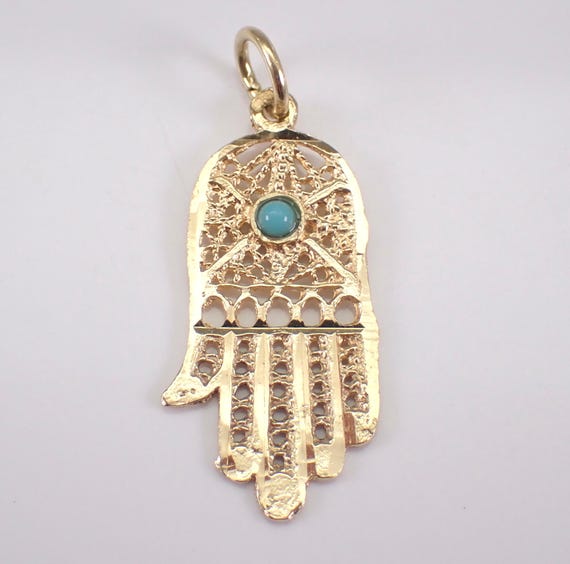 Antique 14K Yellow Gold Hamsa Charm, Unique Turquoise Jewish Hand of God Pendant, Religious Judaica Chai Protection Gift