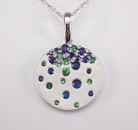 Sapphire and Emerald Charm Necklace: White Gold Cluster Coin Disk Pendant and Choker Chain