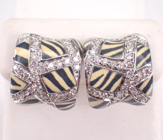 18K White Gold Diamond Earrings - Chunky Enamel Half Hoop Huggies - GalaxyGems Fine Jewelry Omega Clasp Gift
