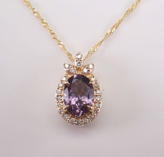 Purple Spinel and Diamond Halo Pendant and Chain - 14K Yellow Gold Gemstone Charm Necklace