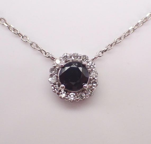 14K White Gold Sapphire Necklace - Diamond Halo Pendant and Chain - Dainty Birthstone Station Charm Choker