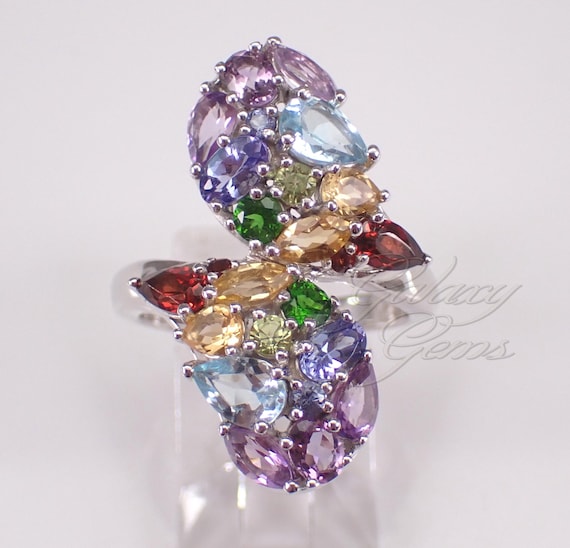 Sterling Silver Multi Color Gemstone Ring - Large Estate Bypass Band