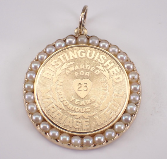 14K Yellow Gold "Distinguished Marriage Medal" Charm Pendant: Round Pearl Halo Disk for Necklace or Bracelet