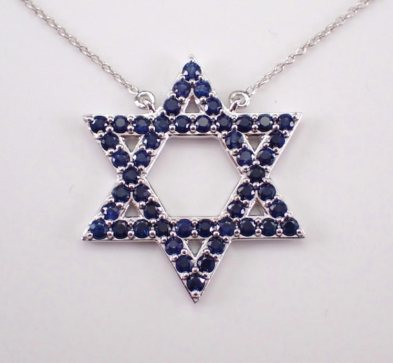 Sapphire Star of David Pendant and Chain - White Gold Jewish Charm Necklace - Unique Religious Fine Jewelry Gifts