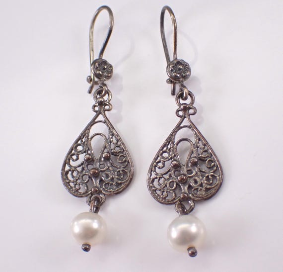 Sterling Silver Vintage Dangle Pearl Earrings - Unique Gemstone Drops on Kidney Wire