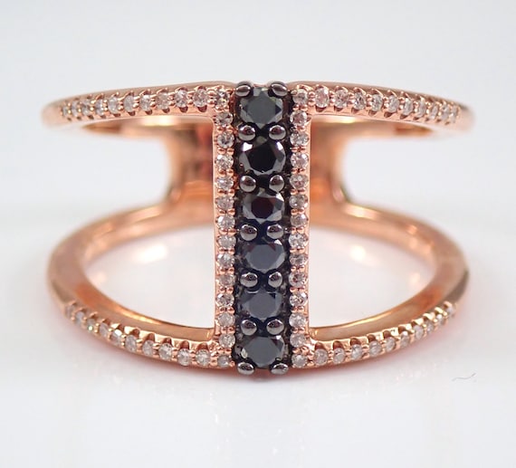 Black Diamond Double Row Ring - Rose Gold Genuine Fine Jewelry - Anniversary Gift - Diamond Bridge Band