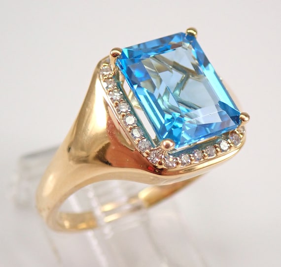 Large Emerald Cut Blue Topaz Ring - 14 Karat Yellow Gold Gemstone Jewelry - Diamond Halo Signet Ring