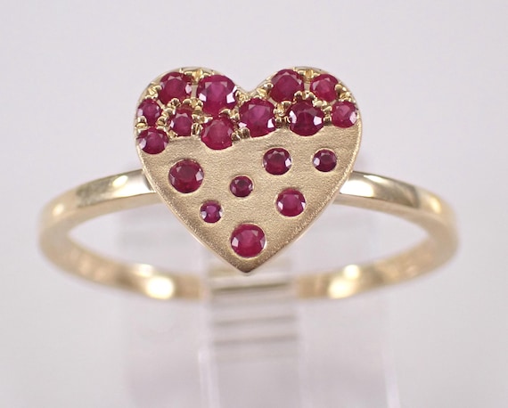 Yellow Gold Ruby Heart Ring: Dainty Signet Style Promise Band