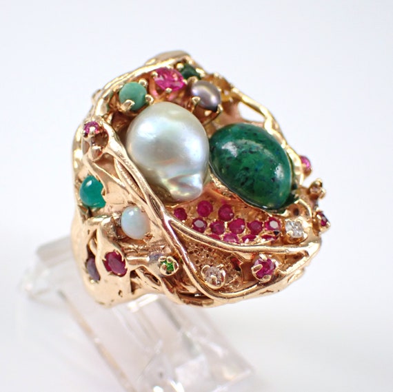 Vintage 14K Yellow Gold Pearl and Jade Ring, Multi Color Genuine Gemstone Cluster Band, Antique Nugget Style Chunky Ring