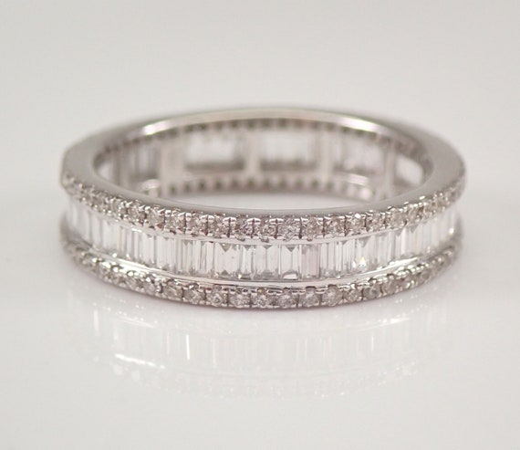 Baguette and Round Diamond Eternity Wedding Ring - Solid 18KT White Gold Anniversary Band - Bridal Fine Jewelry