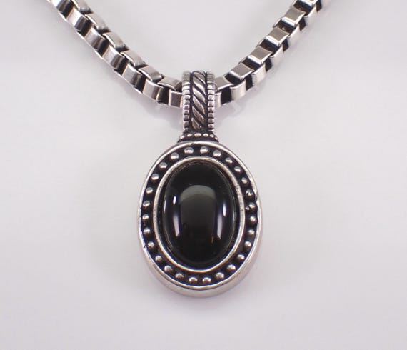 Vintage Sterling Silver Onyx Charm Necklace: Estate Pendant with Large Chunky Box Chain