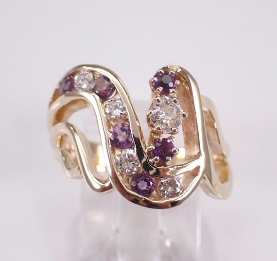 14K Yellow Gold Diamond and Amethyst Ring - Vintage Abstract Engagement Setting - Unique Bridal Mothers Jewelry Gift