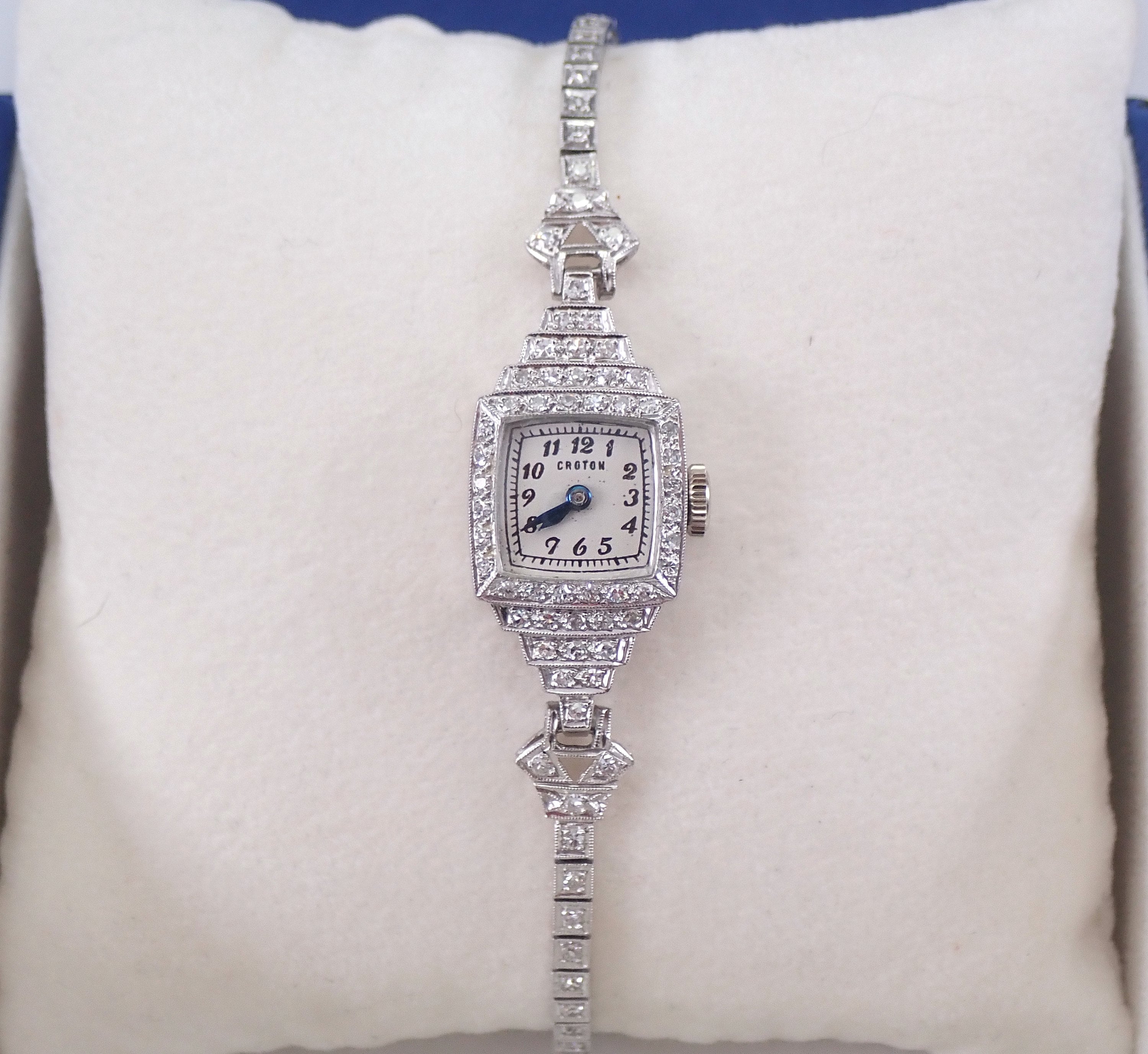 Antique Vintage Art Deco Platinum Diamond CROTON Ladies Tennis Bracelet Watch