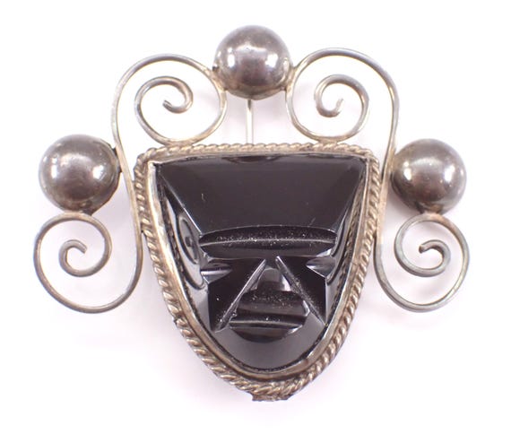 Silver Carved Onyx Mask Brooch: Tribal Mexican Aztec Face Pin