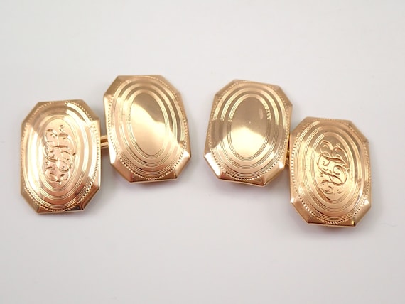 14K Yellow Gold Vintage Cufflinks - Antique Unisex Engraved Cuff Links - Unique Estate Jewelry Gift