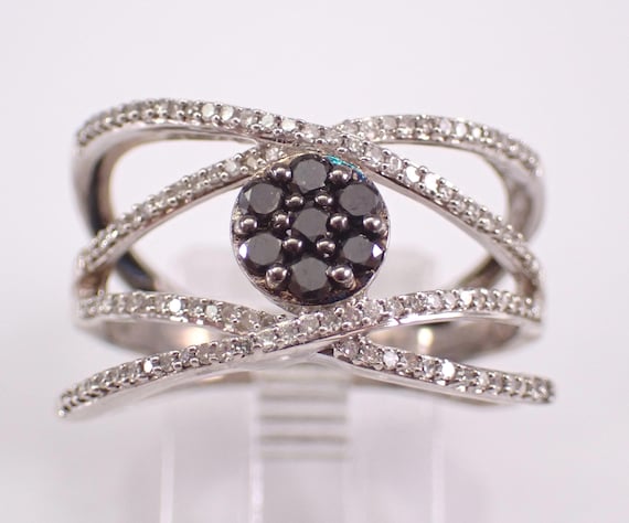 Vintage Sterling Silver Black Diamond Ring - Unique Multi Row Crossover Cluster Band - Estate Gemstone Jewelry Gift