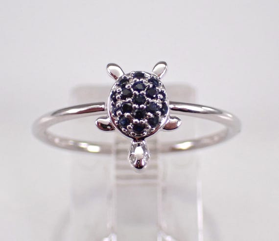 White Gold Sapphire Turtle Ring - Tortoise Gemstone Cluster Band - Unique Dainty Animal Jewelry Gift