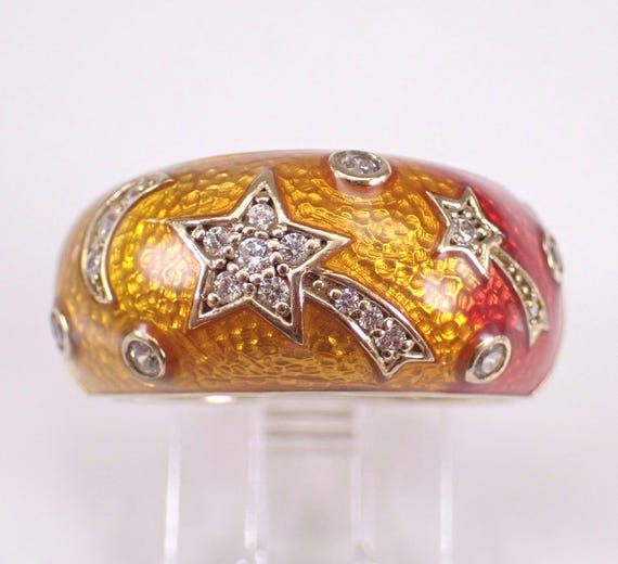 Vintage HIDALGO Enamel Wedding Band - Sterling Silver Stackable CZ Star Ring - Bridal Anniversary Fine jewelry
