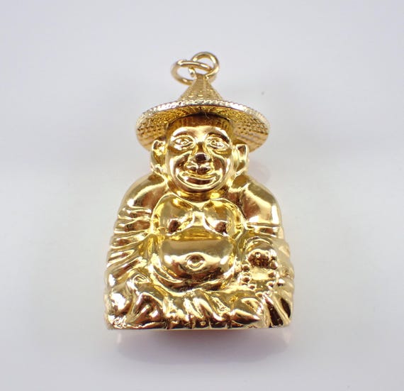 14K Yellow Gold Buddha Charm - Vintage Large Buddhist Monk Pendant - Symbol of Hindu Faith Prayer God