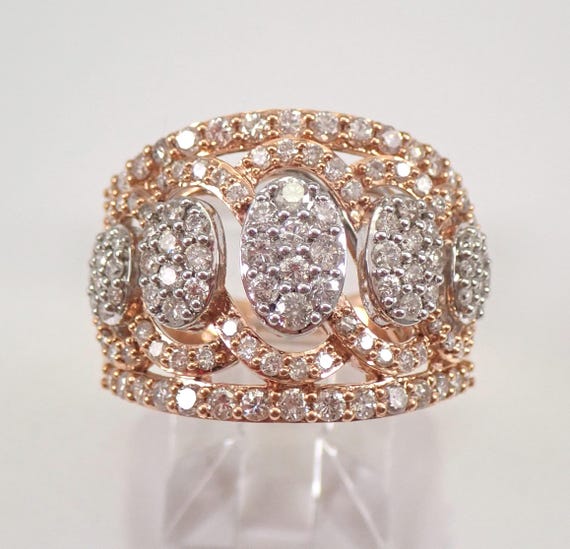 White and Rose Gold Diamond Anniversary Ring: Two Tone Domed Cluster Wedding Cigar Band