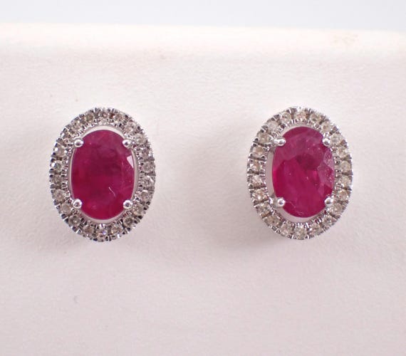 14K White Gold Ruby Stud Earrings - Diamond Halo Screwback Studs - July Birthstone Fine Jewelry Gift