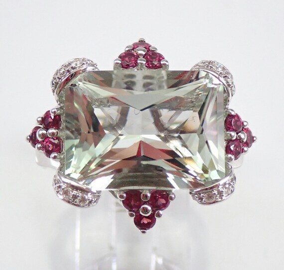 14K White Gold Green Amethyst Ring - Unique Garnet and Diamond Setting - Prasiolite Bridal Fine Jewelry Gift