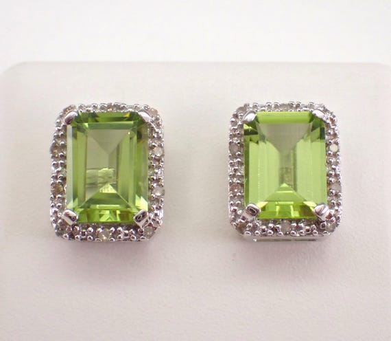 Peridot and Diamond Stud Earrings - White Gold Gemstone Halo Setting - August Birthstone Jewelry Gift