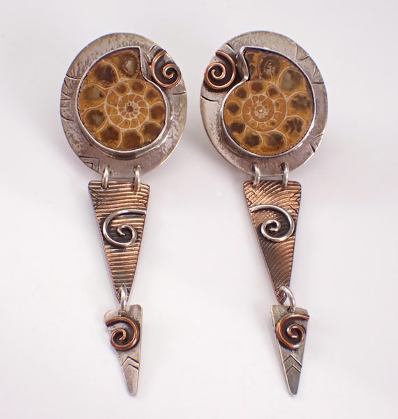 Langman Gallery Ammonite Fossil Earrings: Sterling Silver and Copper Dangle Studs, Two Tone Designer Shell Drops
