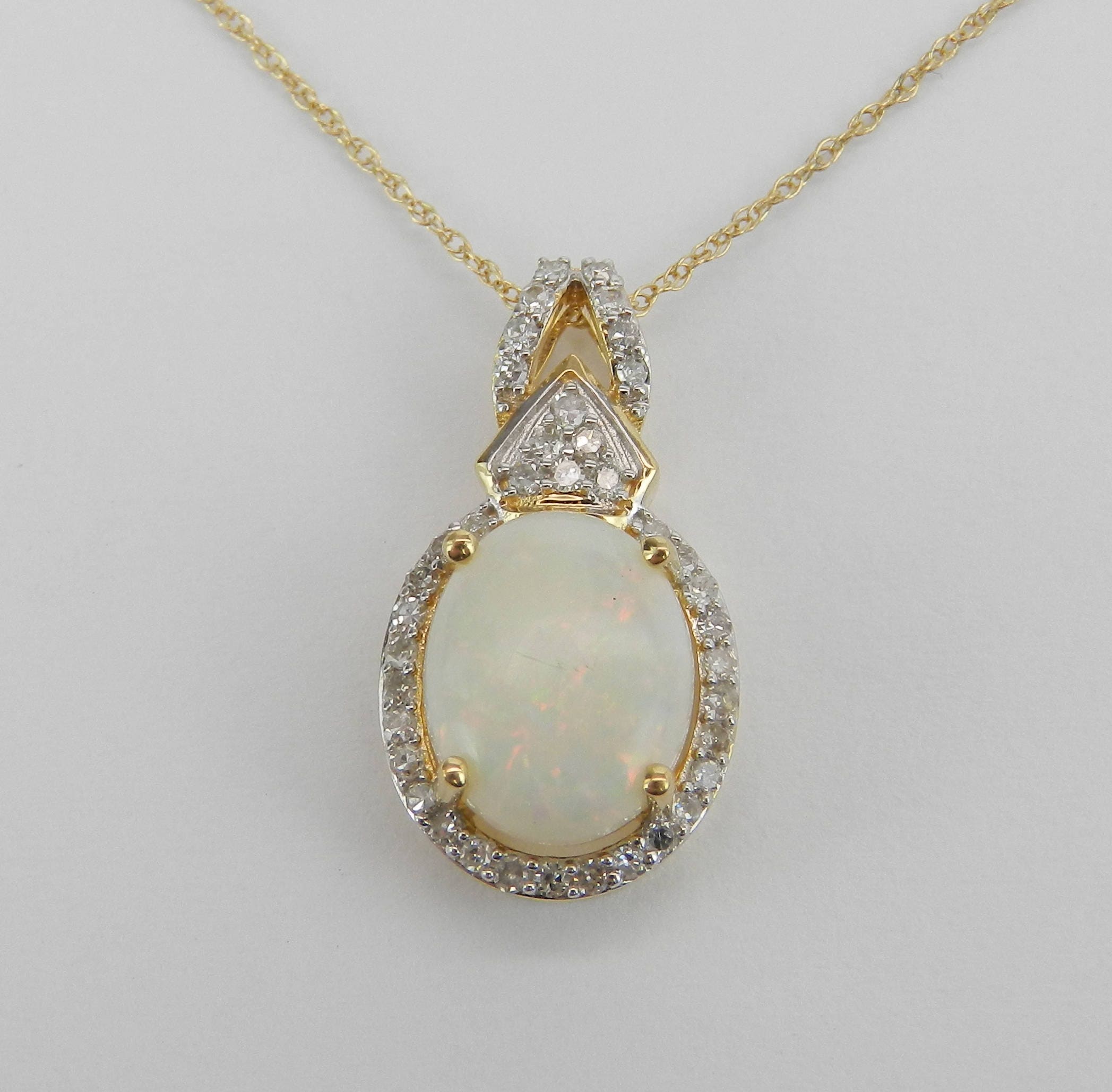 Diamond and Opal Halo Pendant Necklace 14K Yellow Gold 18 Chain October ...