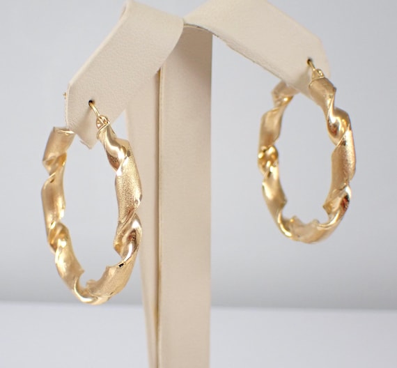 Vintage 14K Yellow Gold Hoop Earrings, Estate Chunky Twisted Large Huggies, Unique Fine Jewelry Gift