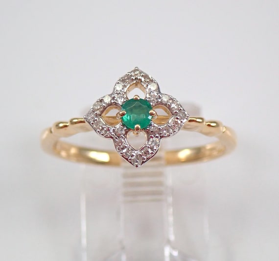 Yellow Gold Emerald and Diamond Ring - Dainty Clover Shape Gemstone Jewelry - Petite Flower Halo Design