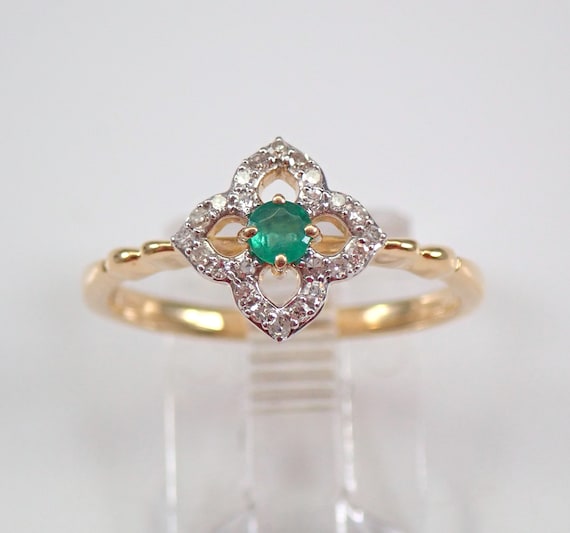 Genuine Emerald and Diamond Clover Ring - Solid Yellow Gold Gemstone Jewelry - Petite Flower Halo Design