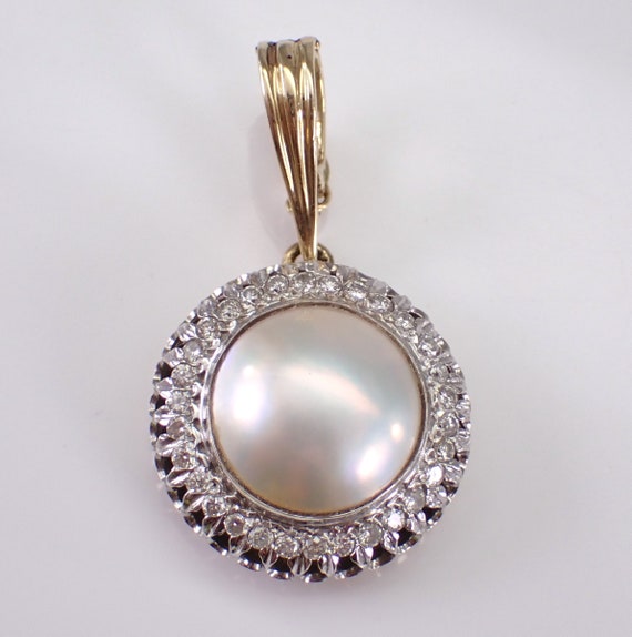 14K Yellow Gold Mabe Pearl and Diamond Enhancer Pendant - 70s Estate Vintage Fine Jewelry Charm - June Birthstone Gemstone Gift