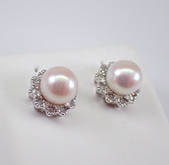 Pearl and Diamond Halo Stud Earrings - 14K White Gold Fine Jewelry Gift - June Birthstone Gemstone Studs