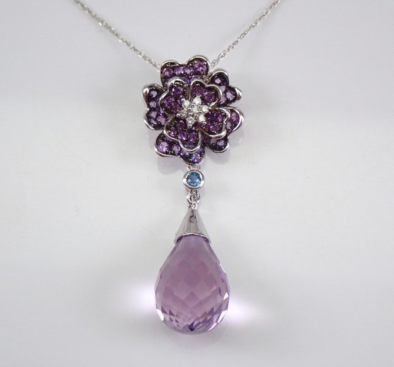 14K White Gold Amethyst Briolette Necklace, Diamond and Genuine Gemstone Flower Pendant 18" Chain