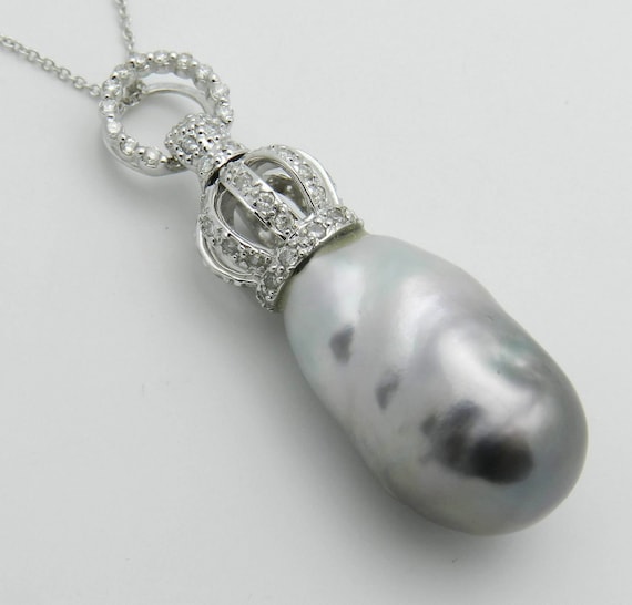 18K White Gold Tahitian Pearl Necklace - Large Diamond Crown Pendant and Chain - Baroque Gray South Sea Gemstone Charm