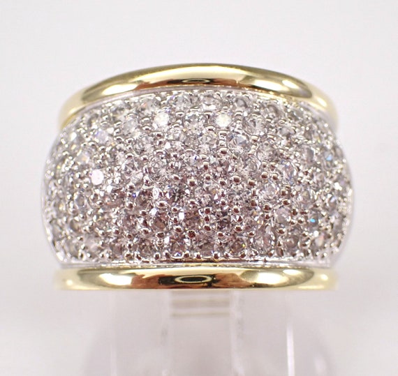 Vintage 18K Gold Cubic Zirconia Anniversary Band - Two Tone Wide Domed Wedding Ring - Unique Chunky Pave Setting