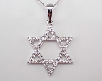 White Gold Diamond Star of David Necklace - Jewish Religious Charm Pendant and Chain - Hanukkah Bar Mitzvah Choker Slide Gift
